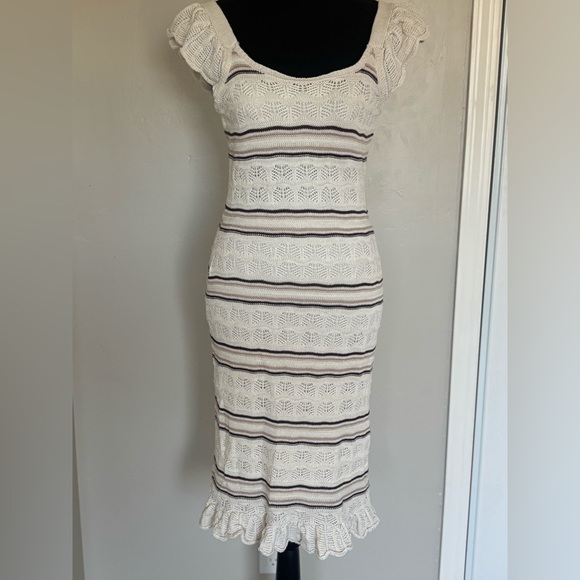 Freshman 1996 Small Knit Midi Dress Cream Stripes Cottagecore Boho Chic - Picture 1 of 6